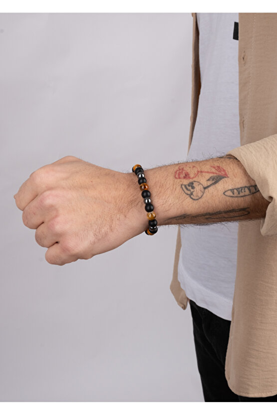 Unisex Koruma Enerji Güç Denge Çakra Bilekliği Kaplangözü Oniks Hematit Hediyelik Bileklik