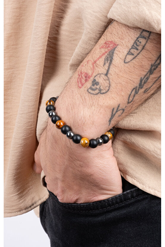 Unisex Koruma Enerji Güç Denge Çakra Bilekliği Kaplangözü Oniks Hematit Hediyelik Bileklik