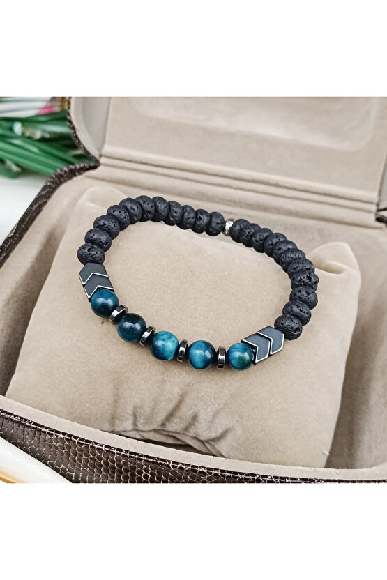 Doğal Taş Erkek Bileklik Mavi Kaplan Gözü& Lav &hematit Taşı