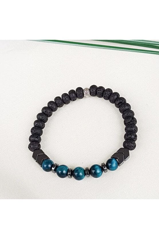 Doğal Taş Erkek Bileklik Mavi Kaplan Gözü& Lav &hematit Taşı