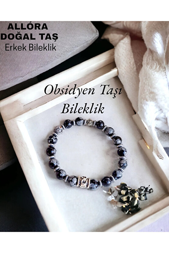 Doğal Taş Erkek Bileklik Obsidyen& Hematit Taşı
