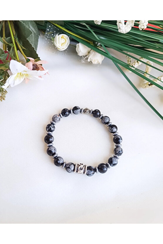Doğal Taş Erkek Bileklik Obsidyen& Hematit Taşı