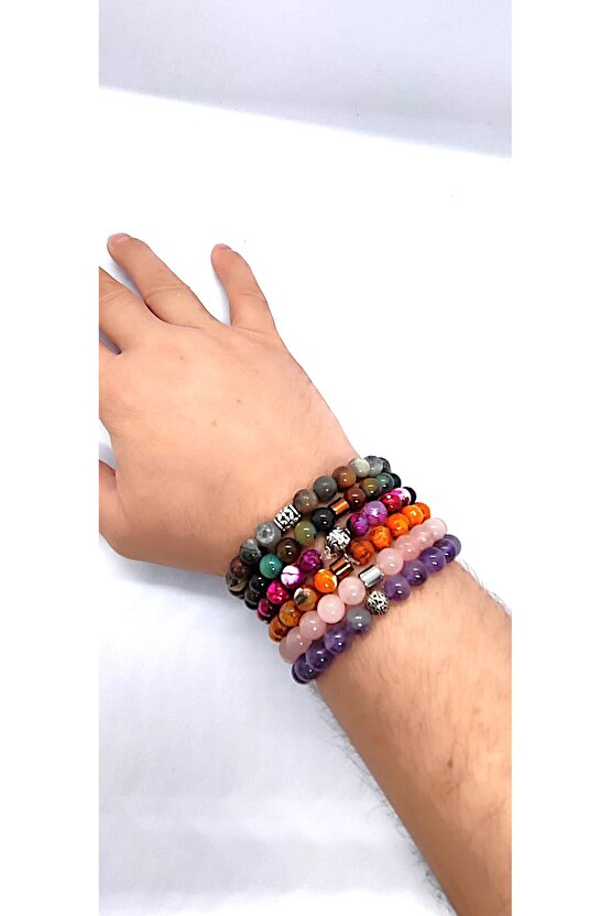 Ametist & Pembe Kuvars & 3 Adet Akik & Jasper 6’lı Doğal Taş Bileklik Seti Hediye Aksesuar Kombin