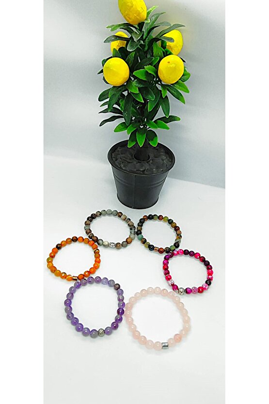 Ametist & Pembe Kuvars & 3 Adet Akik & Jasper 6’lı Doğal Taş Bileklik Seti Hediye Aksesuar Kombin