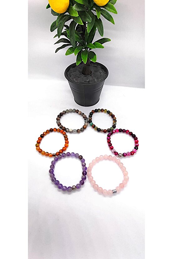 Ametist & Pembe Kuvars & 3 Adet Akik & Jasper 6’lı Doğal Taş Bileklik Seti Hediye Aksesuar Kombin