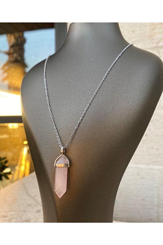 Pembe Kuvars  Doğal Taş Kolye - Çivi Modeli - Kolye Ucu + Zincir