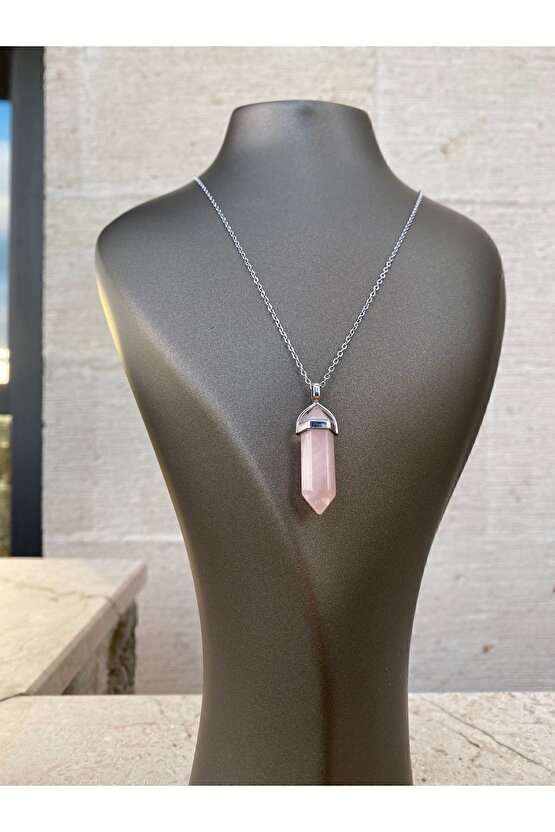 Pembe Kuvars  Doğal Taş Kolye - Çivi Modeli - Kolye Ucu + Zincir