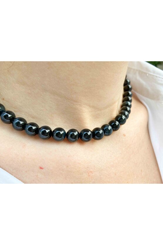 Siyah Turmalin Taşı Doğaltaş Kolye 8 mm