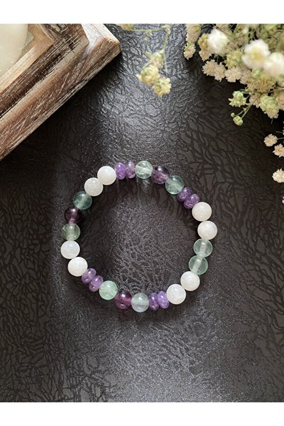 Doğal Taşlı Burç Bilekliği Kova Burcu (ay Taşı-ametist Taşı-florit Taşı)
