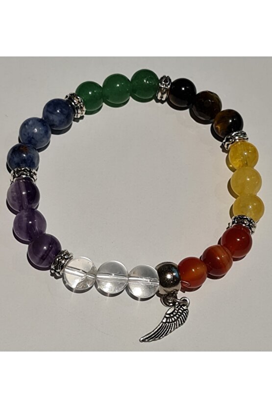 Doğal 7 Çakra Bilekliği Kristal Kuvars, Ametist, Sodalit, Aventurin, Kaplan Gözü, Sitrin, Akik