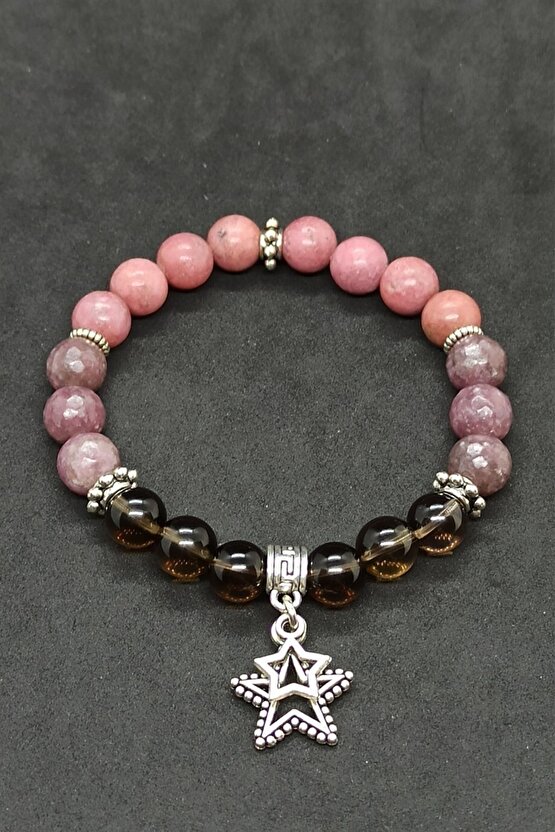 Dumanlı Kuvars Lepidolit Rodonit Doğal Taş Kadın Bileklik Prof