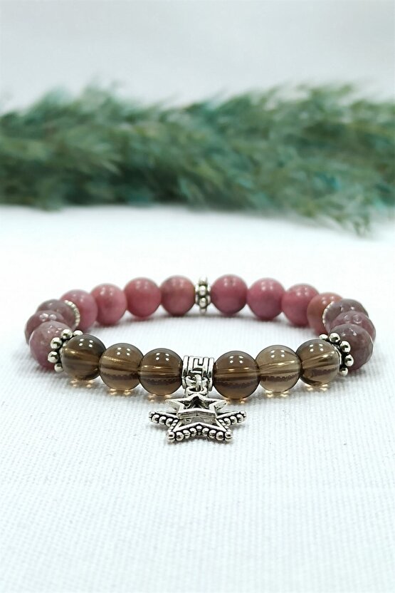 Dumanlı Kuvars Lepidolit Rodonit Doğal Taş Kadın Bileklik Prof