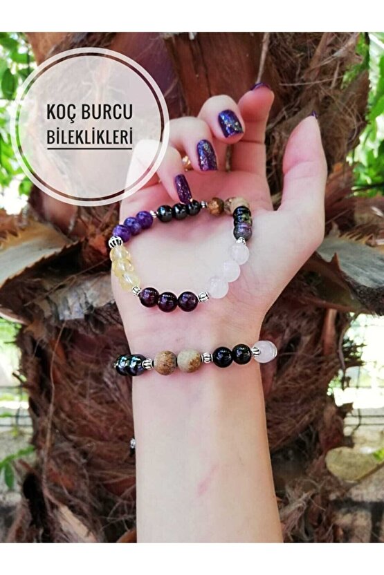 Koç Burcu Doğaltaş Bileklik Ametist, Sitrin, Hematit, Jasper, Pembe Kuvars, Turmalin, Granat Lal