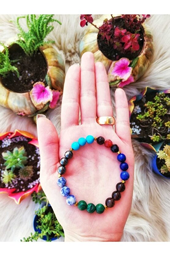 Boğa Burcu Doğaltaş Bileklik Akik, Turkuaz, Hematit, Dumanlı Kuvars, Sodalit, Malakit, Lapis Lazuli