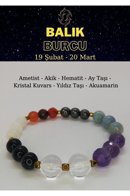 Balık Burcu Doğaltaş Bileklik Ametist, Akik, Aytaşı, Kristal Kuvars, Akuamarin, Yıldız Taşı, Hematit