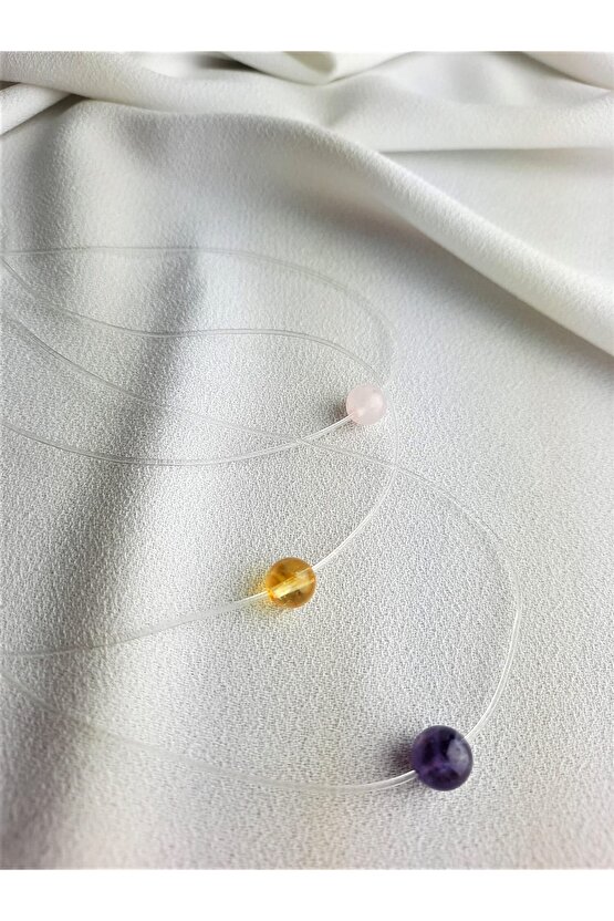 Misina Kolye Kadın Doğal Taş Kolye Ametist, Sitrin, Pembe Kuvars