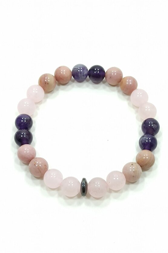 Aşk Bilekliği Pembe Kuvars Rodonit Ametist Hematit Doğal Taş Bileklik