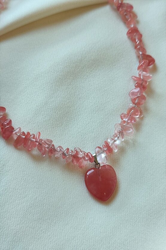 Sertifikalı Gül Kuvars Kalp Kırıktaş Doğaltaş Kolye