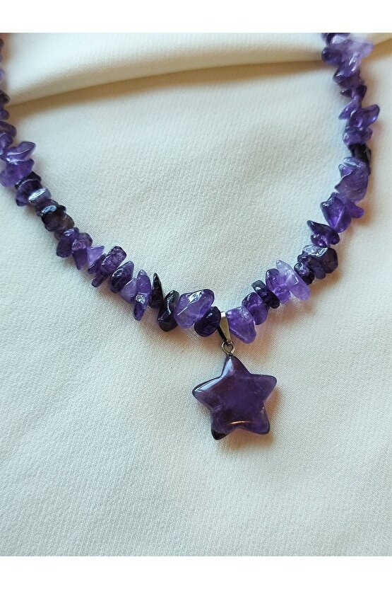 Sertifikalı Koyu Ametist Yıldız Kırıktaş Doğaltaş Kolye