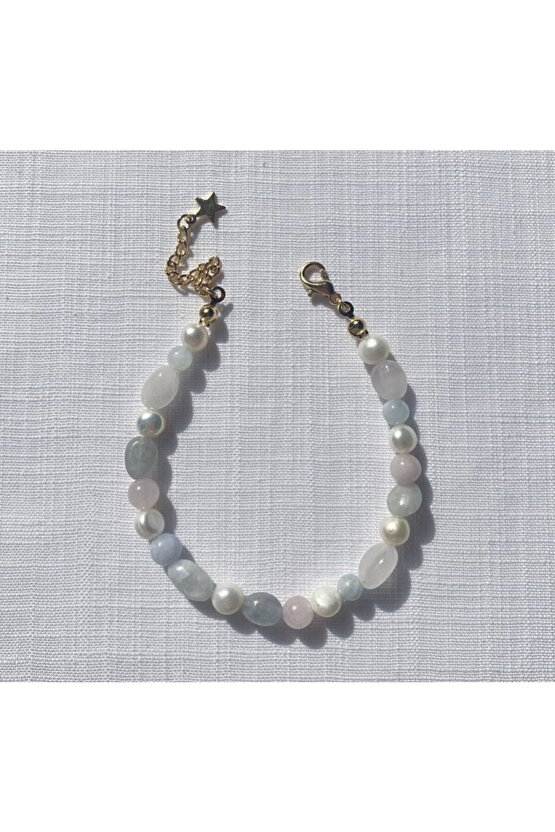 Gerçek Inci Pembe Kuvars Taşı Ve Akuamarin Taşlı Bileklik