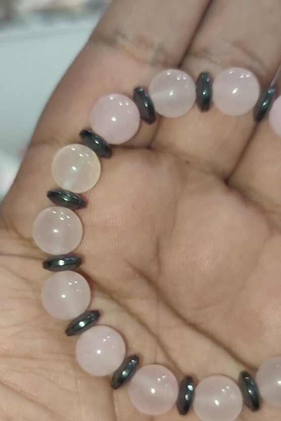 Pembe Kuvars Hematit Ara Taşlı 10 mm Natural Doğaltaş Bileklik