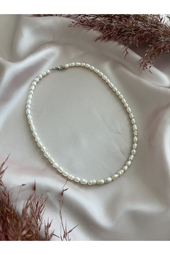 Gerçek Inci Kolye Tatlı Su Incisi Arpa Model Inci (45 CM)