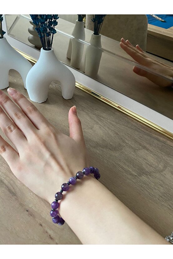 DOĞAL AMETİST VE HEMATİT TAŞI EL YAPIMI BİLEKLİK