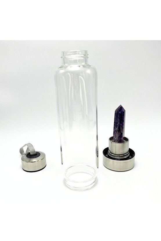 SERTİFİKALI Ametist Doğal Taş Cam Su Matarası 550 ml  Özel Kılıflı Contalı Kapak Paslanmaz Çelik