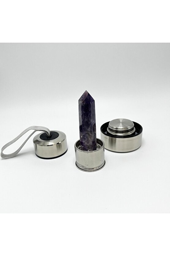 SERTİFİKALI Ametist Doğal Taş Cam Su Matarası 550 ml  Özel Kılıflı Contalı Kapak Paslanmaz Çelik