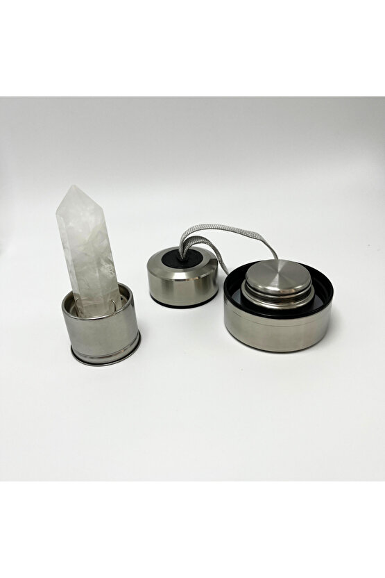 SERTİFİKALI Kristal Kuvars Doğal Taş Cam Su Matarası 550 ml  Özel Kılıflı Contalı Kapak Paslanmaz