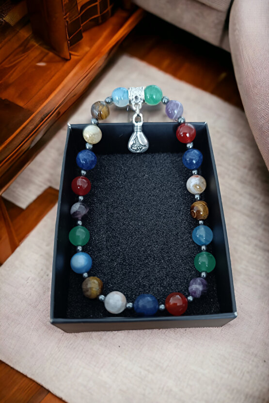 7 Çakra Bileklik Kaplan gözü Taşı, Ametist, Aventurin Lapis, Sitrit, Mavi Akik, Akik Doğal taş