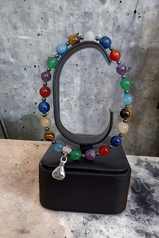 7 Çakra Bileklik Kaplan gözü Taşı, Ametist, Aventurin Lapis, Sitrit, Mavi Akik, Akik Doğal taş