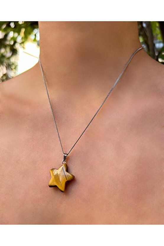 Yıldız Model Kaplan Gözü Doğal Taş Kolye