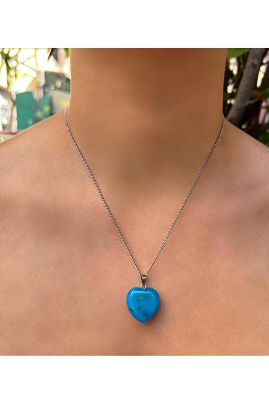 Bombeli Kalp Model Mavi Akik Doğal Taş Kolye