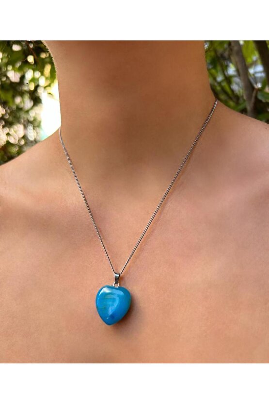 Bombeli Kalp Model Mavi Akik Doğal Taş Kolye