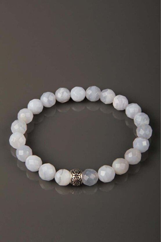 Mavi Dantelli Akik Doğal Taş Bileklik 8 mm Fasetli Küre Kesim