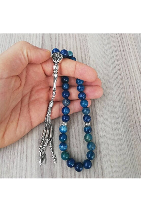 KOPYA - Mavi Beyaz Çizgili Akik Doğal Taş Tesbih 10mm