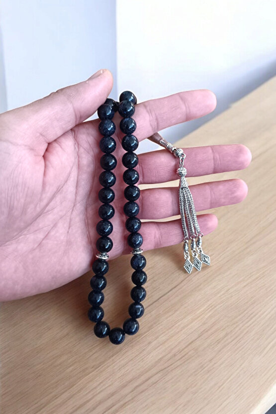 Lacivert Yıldız Taşı Tesbih 33 Lük Tesbih Orijinal Doğal Taş Büyük Boy 10 mm Gerçek Taş