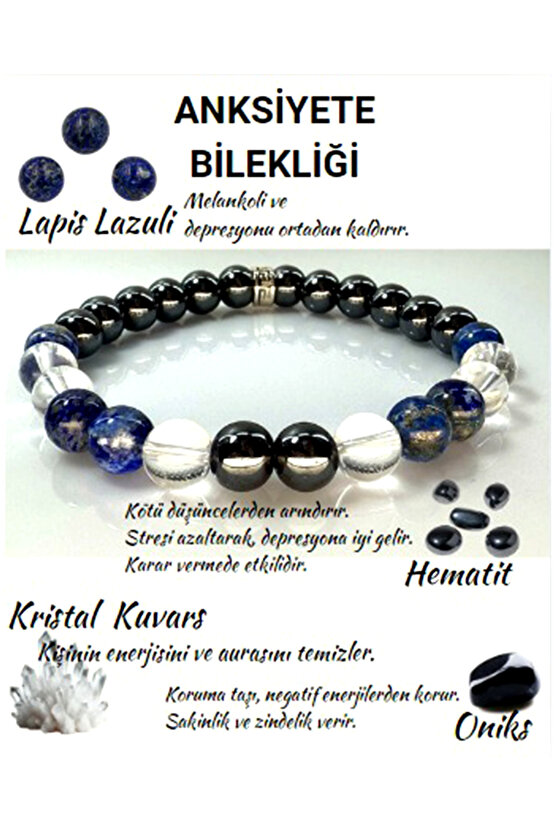 Anksiyete Bilekliği -%100 Doğaltaş- Lapis Lazuli, Kristal Kuvars, Hematit Ve Oniks Taşlı Bileklik