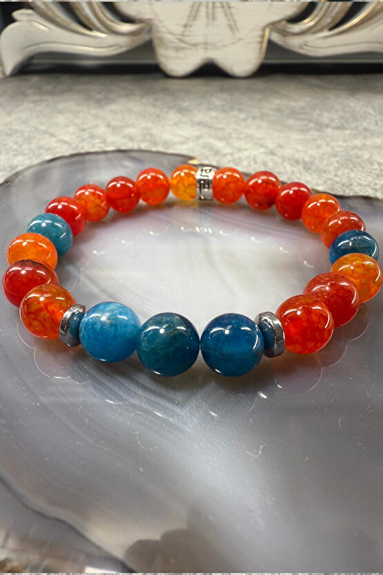 STRES ZİHİN AÇICI NAZAR BİLEKLİĞİ -%100 Doğaltaş (Ateş Akik-Apatit) Doğal taş bileklik