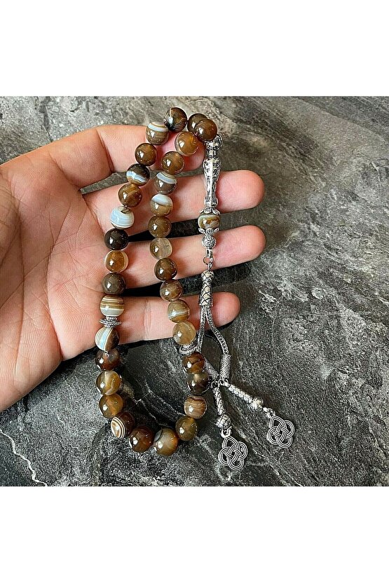 Sertifikalı Kahverengi Akik Doğal Taş Tesbih 8mm Püsküllü