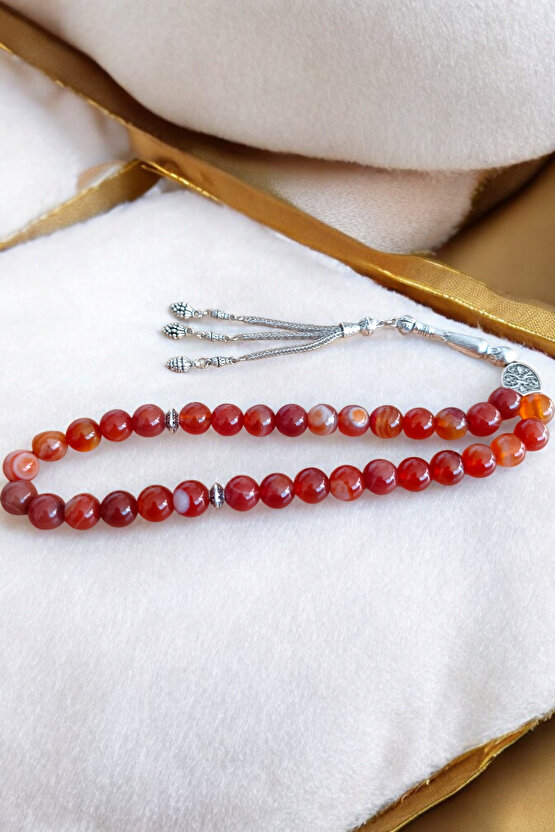 Kırmızı Akik Tesbih 33 Lük Tesbih Orijinal Doğal Taş Büyük Boy Akik Taşı Gerçek Akik