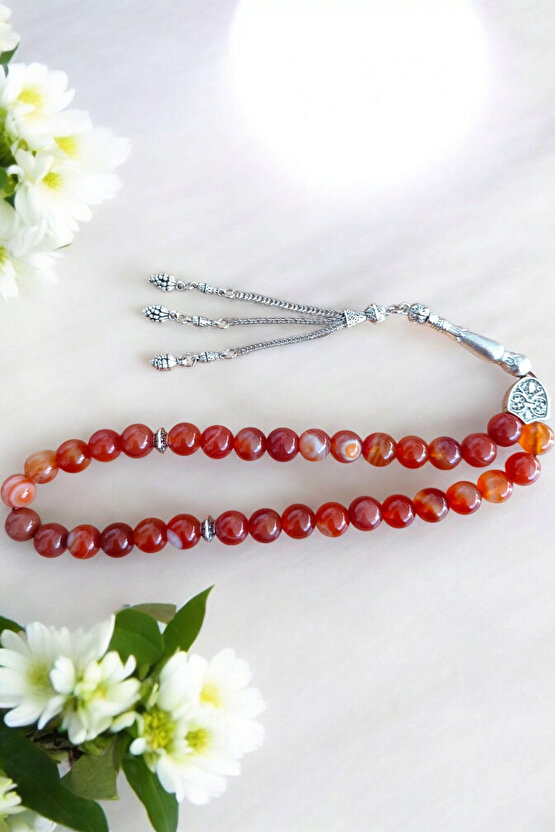 Kırmızı Akik Tesbih 33 Lük Tesbih Orijinal Doğal Taş Büyük Boy Akik Taşı Gerçek Akik