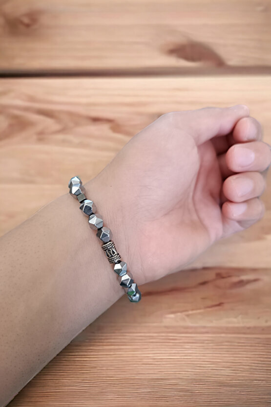 Hematit Bileklik Prizma Parlak Metal İnox Renk Kaliteli  Doğal Taş Bileklik