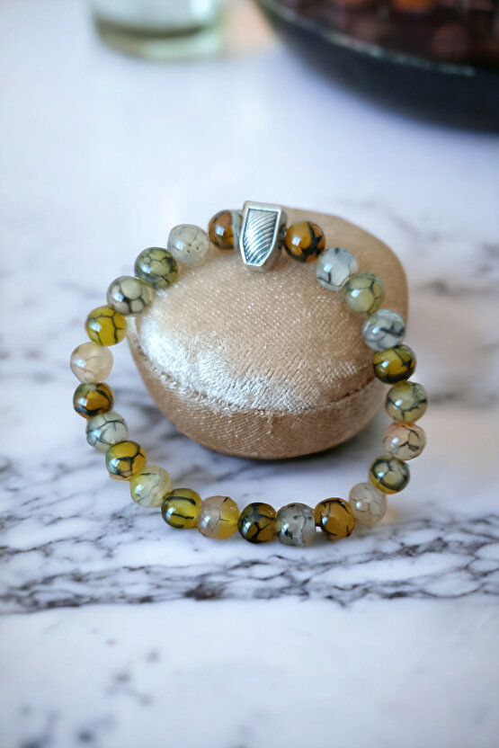 Sarı Benekli Akik Bileklik Bujiteri Bileklik Doğal Taş Erkek Kadın  Bileklik Doğal Taş Bileklik