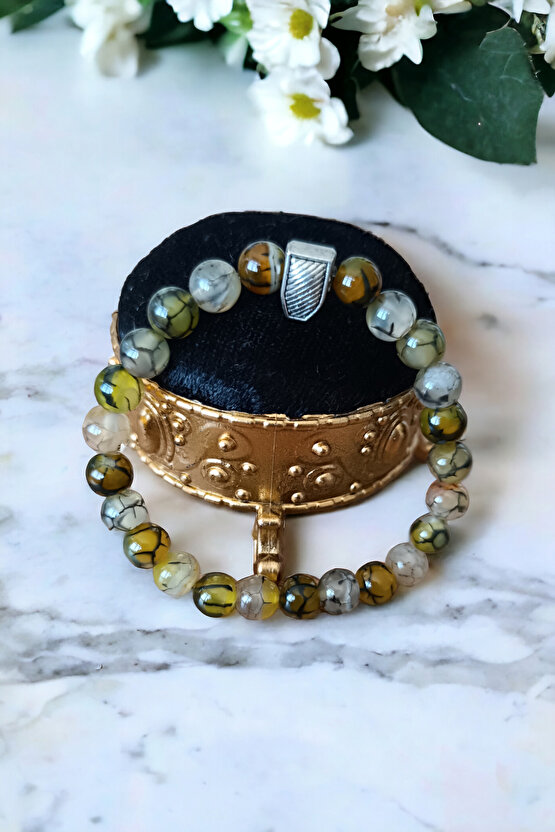 Sarı Benekli Akik Bileklik Bujiteri Bileklik Doğal Taş Erkek Kadın  Bileklik Doğal Taş Bileklik