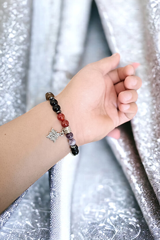 7 Çakra Bileklik Akik, Kaplan Gözü, Oniks, Akuamarina, Aventurin, Sitrin, Ametist Doğal Taş Bileklik