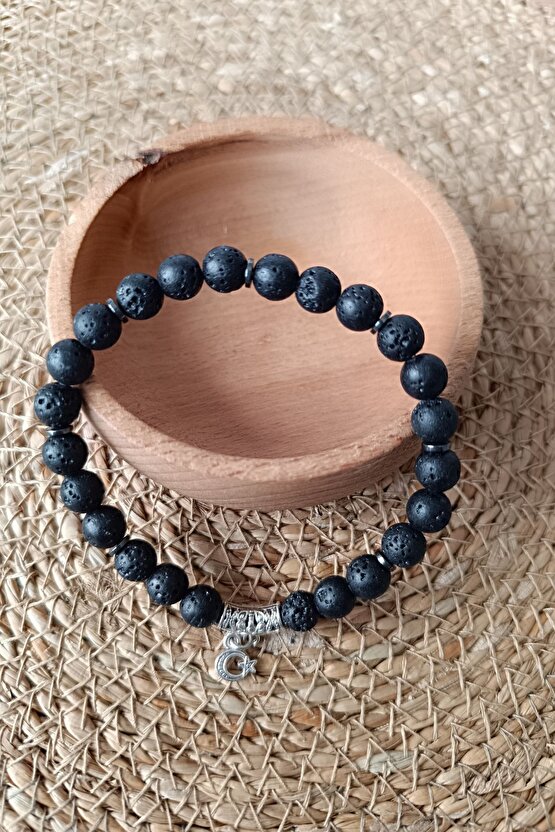 Elektroliz Taşı Lav Taşı Siyah Lav Taşı Bileklik Türk Bayraklı metal Doğal Taş Bileklik