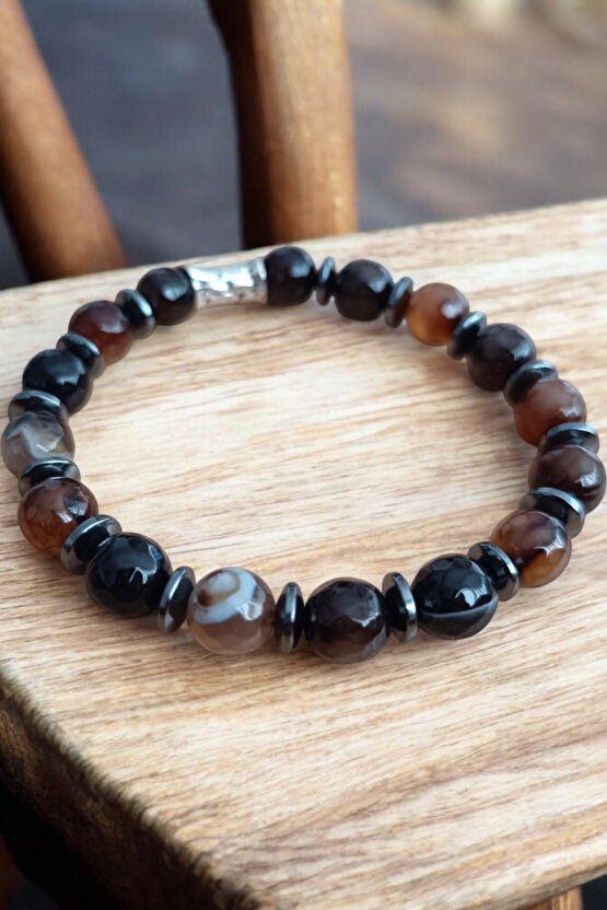 Akik Hematit Bileklik Siyah Kahverengi Desenli Akik Taşı Bileklik  10 mm Akik Taşı Bileklik