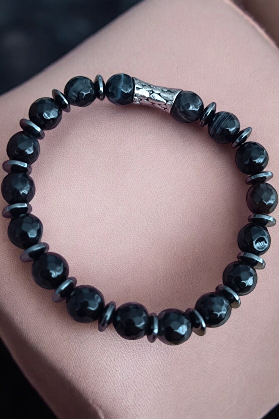 Akik Taşı Bileklik Siyah Akik Bileklik Faset Kesim 10 mm Akik Taşı Bileklik